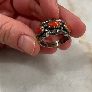 Navajo Red Coral Ring Signed Reed Charlie Sterling Silver